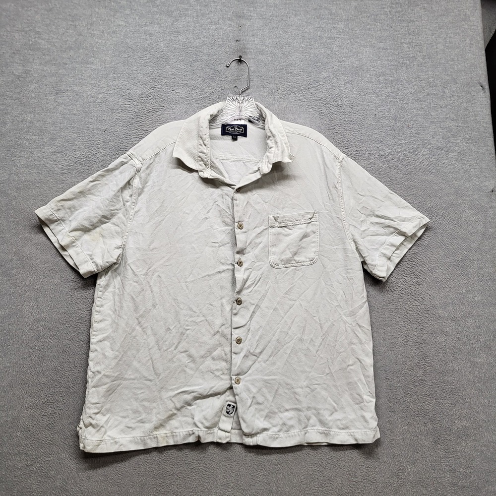Nat Nast Men Button Up Shirt XL Light Beige Cotton Silk Embroidered Patch
